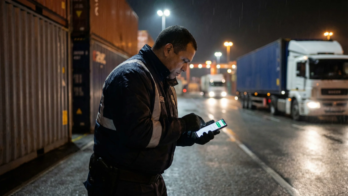 Ipari területen dolgozó biztonsági őr, aki mobil őrjárat-ellenőrző rendszert használ aktív járőrözés közben