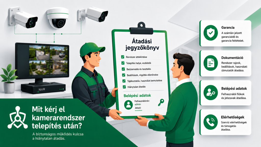 Kamerarendszer telepítés után elkérendő adatok és dokumentumok – átadási jegyzőkönyv, belépési adatok, dokumentáció és garancia