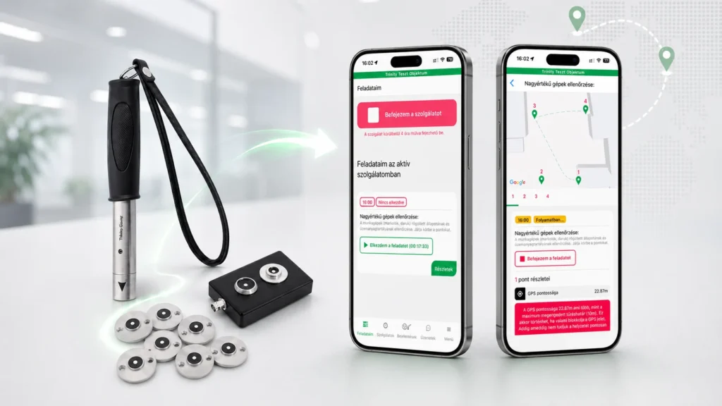 Modern járőrellenőrző rendszer képe: hagyományos RFID ellenőrző eszközök és Trinity Guard mobilalkalmazás GPS-alapú digitális őrjárat-ellenőrzéssel