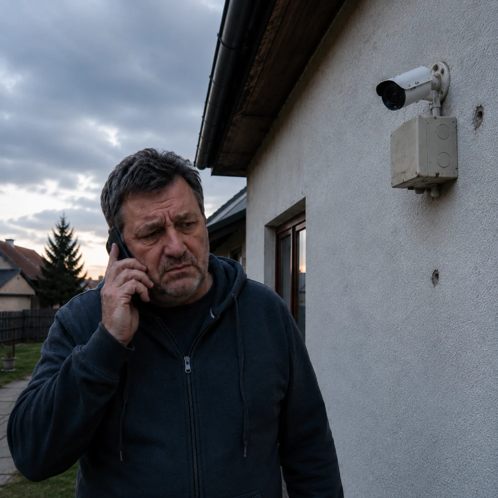 Engedély nélküli kamera szerelés után telefonáló tulajdonos egy igénytelenül felszerelt biztonsági kamera mellett