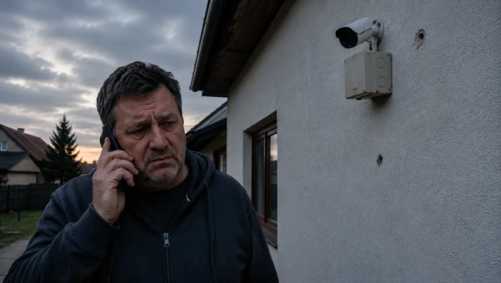 Engedély nélküli kamera szerelés után telefonáló tulajdonos egy igénytelenül felszerelt biztonsági kamera mellett