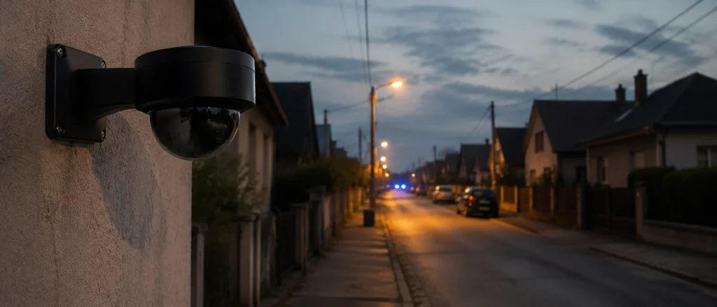 Biztonsági dome kamera magyar kertvárosi lakóház falán alkonyatkor, háttérben csendes utca és távoli kék rendőrségi fények.