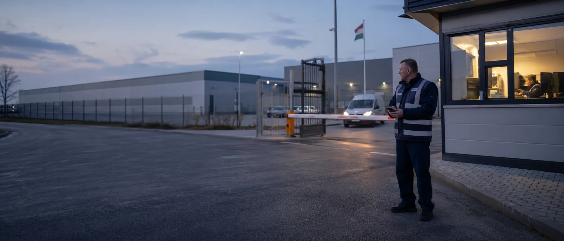 Élőerős őrzés magyar ipari telephely bejáratánál biztonsági őrrel, portaszolgálattal és beléptető sorompóval
