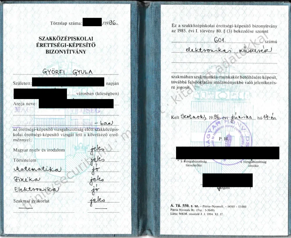 Györfi Gyula szakközépiskolai érettségi-képesítő bizonyítványa, 601-es elektronikai műszerész szakma, Szolnok, 1996 (kitakart személyes adatokkal)