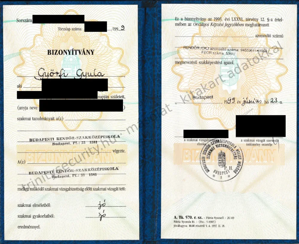 Györfi Gyula bizonyítványa a Budapesti Rendőr-szakközépiskolából, rendőr szakképesítés, 1999 (kitakart személyes adatokkal)