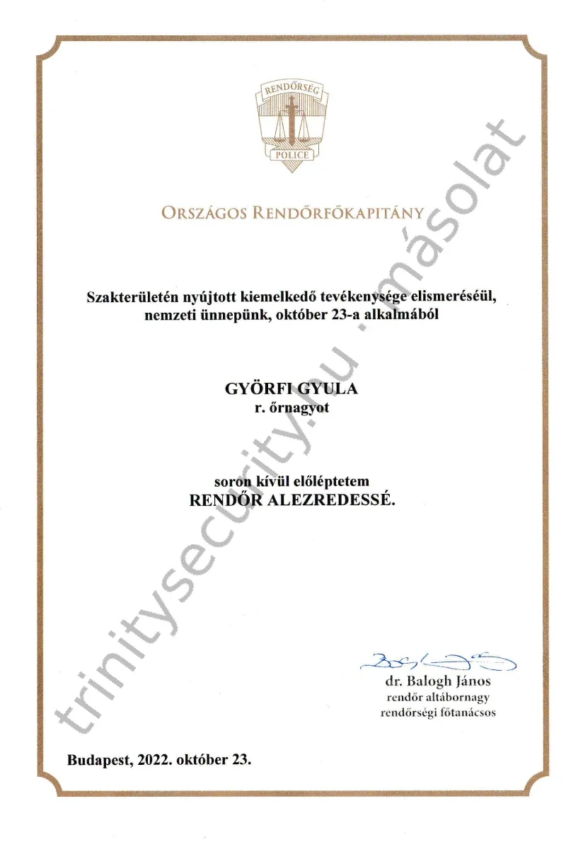 Györfi Gyula soron kívüli előléptetése rendőr alezredessé, országos rendőrfőkapitányi elismerés, 2022 (kitakart személyes adatokkal)