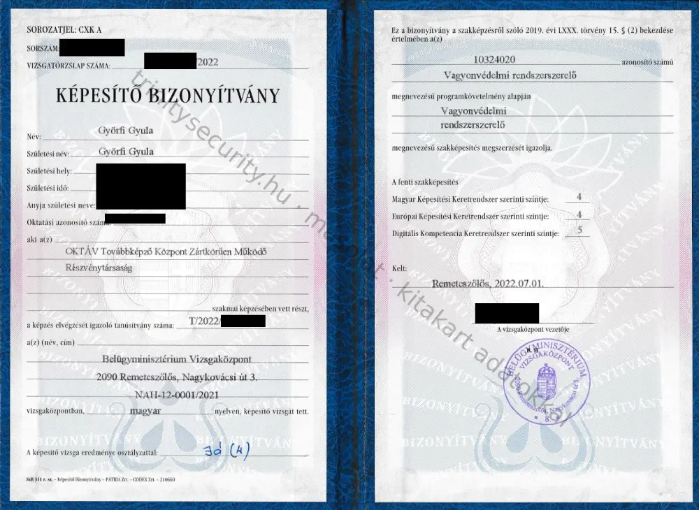 Györfi Gyula vagyonvédelmi rendszerszerelő képesítő bizonyítványa, Belügyminisztérium Vizsgaközpont, 2022 (kitakart személyes adatokkal)