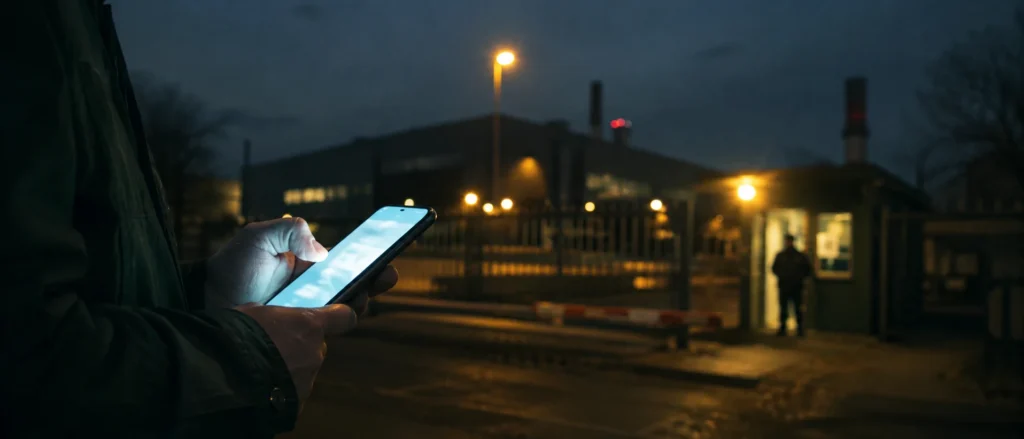 Őrző-védő cég honlapja mobiltelefonon, háttérben ipari telephely kapuja és portaszolgálat esti fényben