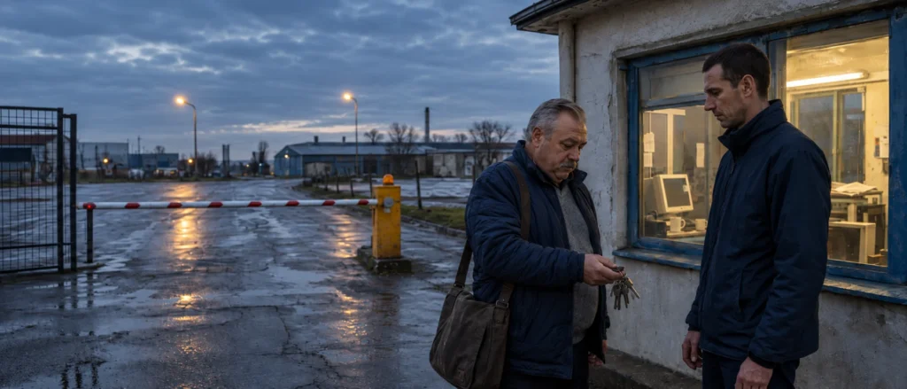 Őrző-védő cég váltása: a távozó és az érkező vagyonőr kulcsátadás közben egy ipari telephely portáján, hajnalban
