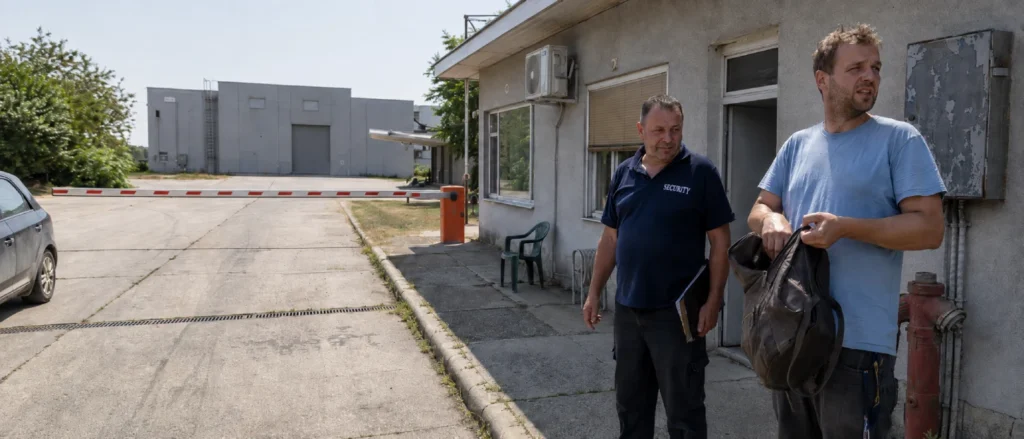 Vagyonőr és belépő személy a telephely portájánál, a látogató maga tartja és nyitja ki a táskáját
