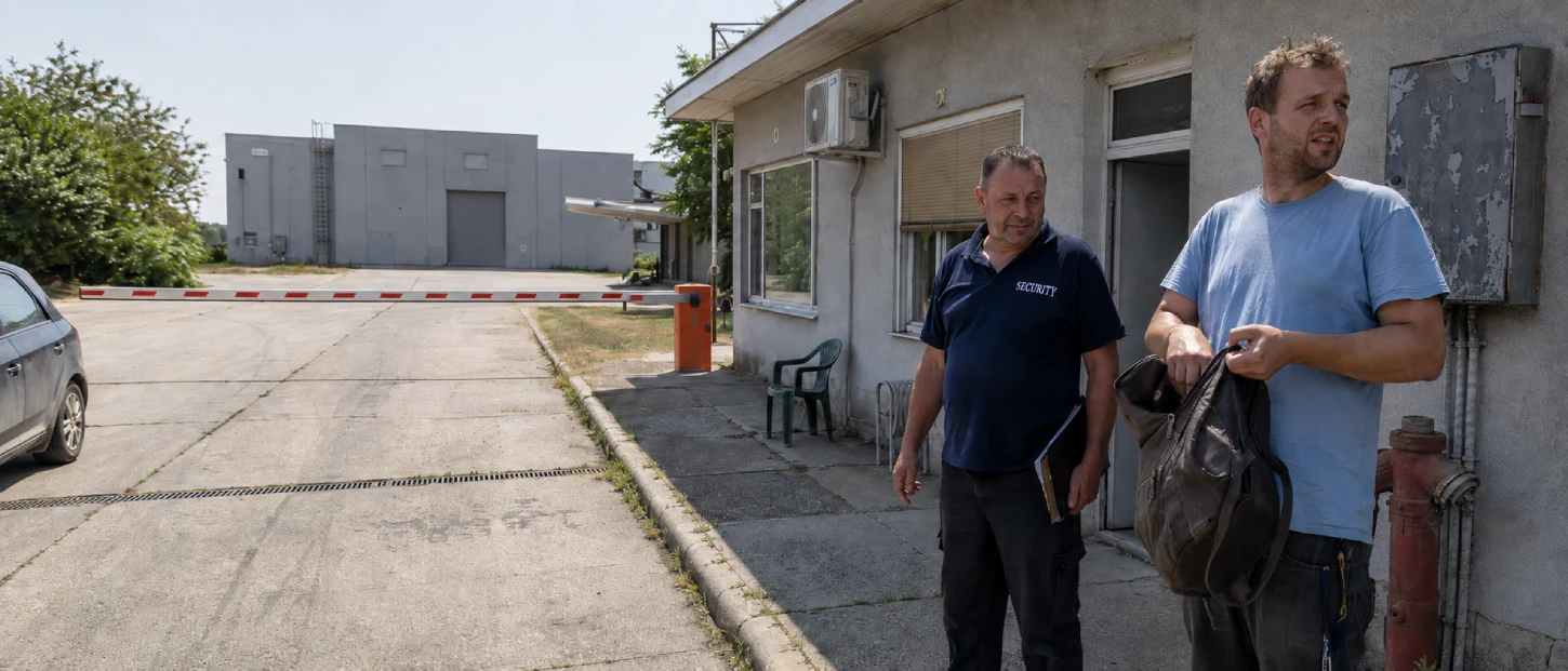 Vagyonőr és belépő személy a telephely portájánál, a látogató maga tartja és nyitja ki a táskáját