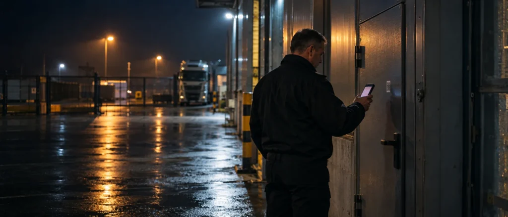 Őrjárat ellenőrzés éjszaka: biztonsági őr okostelefonnal olvas be QR-kódos ellenőrzőpontot egy raktárcsarnok acélajtaján